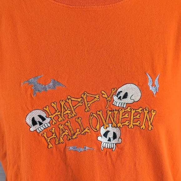 Vintage Embroidered Happy Halloween Cotton Tee in Orange and White Size XL - Picture 3 of 9